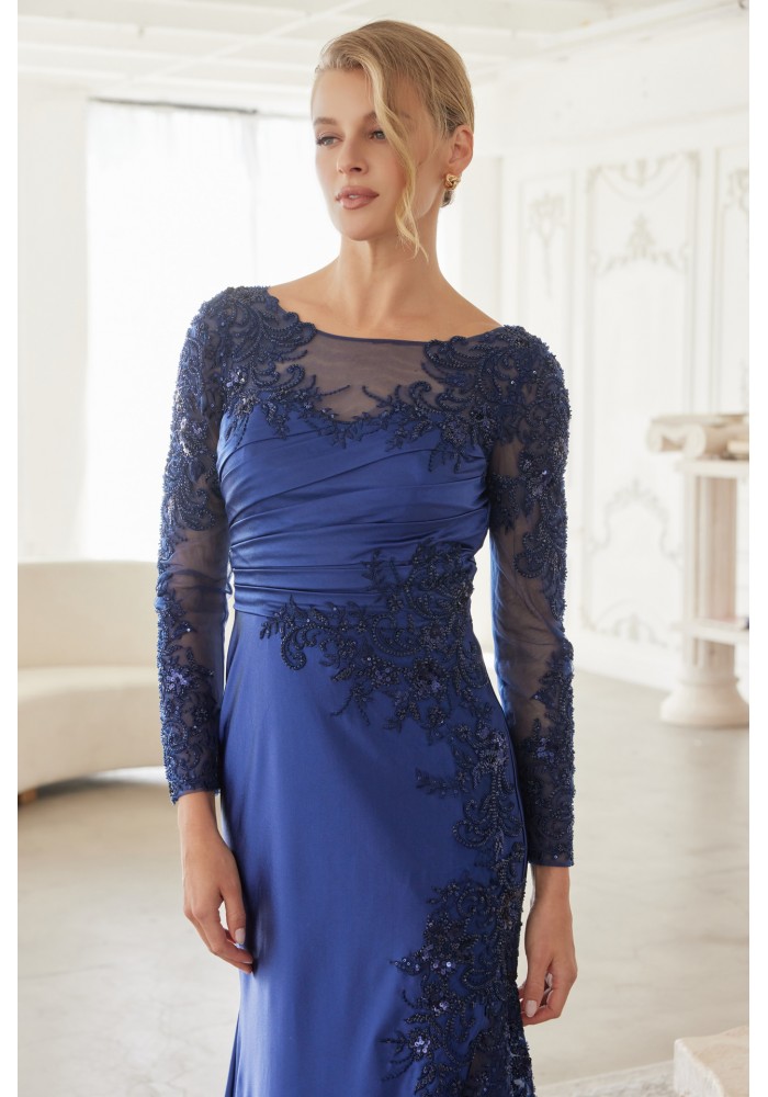 Mother of the Bride Dress -  Satin with Long Sleeves and a Pleated Waistline - CH-NAME123
