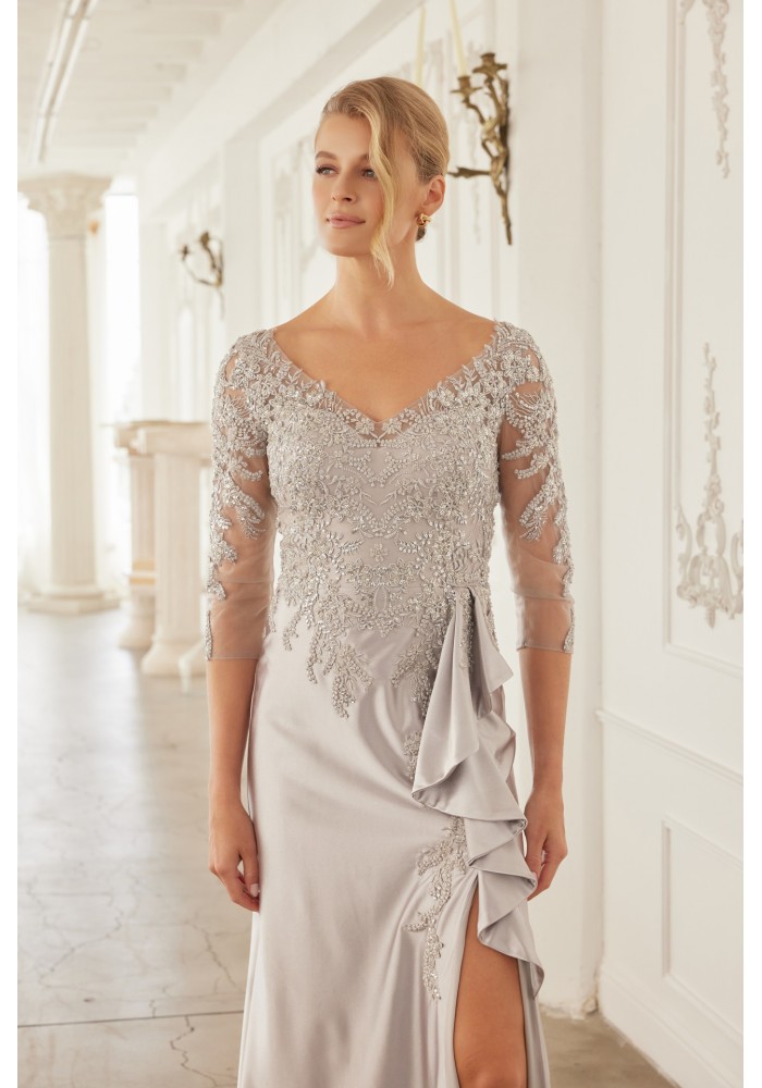 Mother Of The Bride Dress - Satin Floral Applique 3/4 Sleeve Dress with Ruffle Slit - CH-NAME126