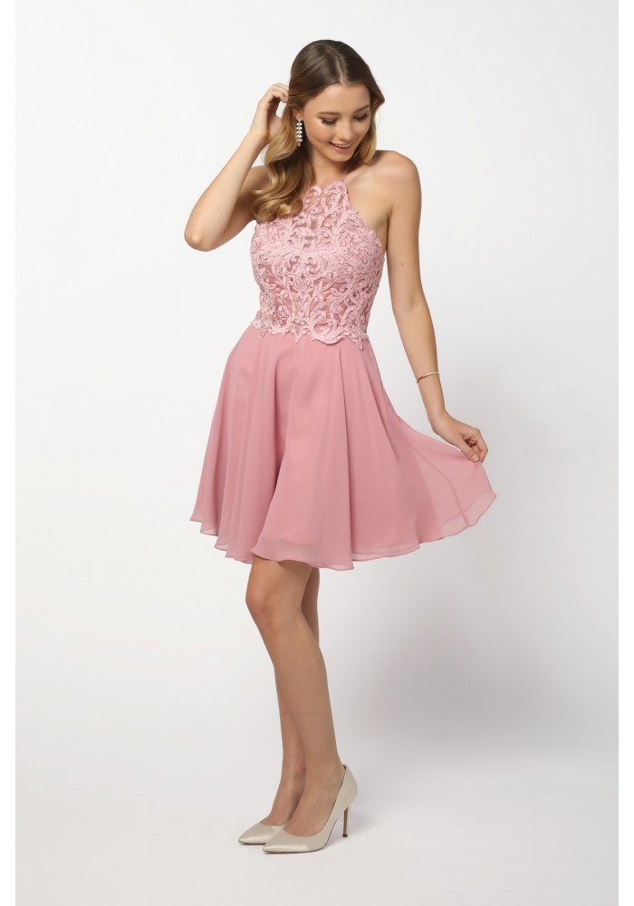 High-Neck Lace Top, Cross Back Prom Cocktail, Party Dress - CH-NAA615