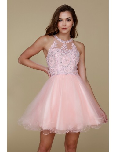 Fully Lined Sparkly Lace Tulle Cocktail Dress - CH-NAB652-BLUSH