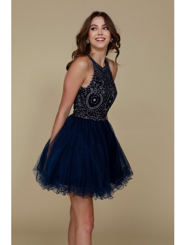 Fully Lined Sparkly Lace Tulle Cocktail Dress - CH-NAB652-NAVY
