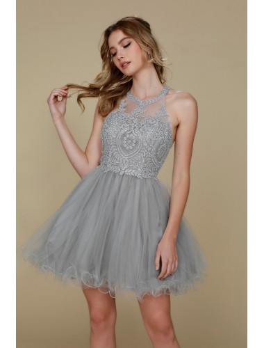 Fully Lined Sparkly Lace Tulle Cocktail Dress - CH-NAB652-SILVER