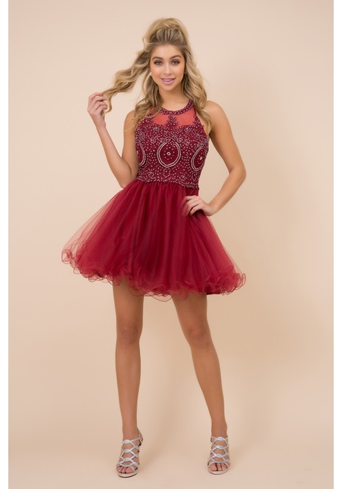 Fully Lined Sparkly Lace Tulle Cocktail Dress - CH-NAB652-BURGUNDY