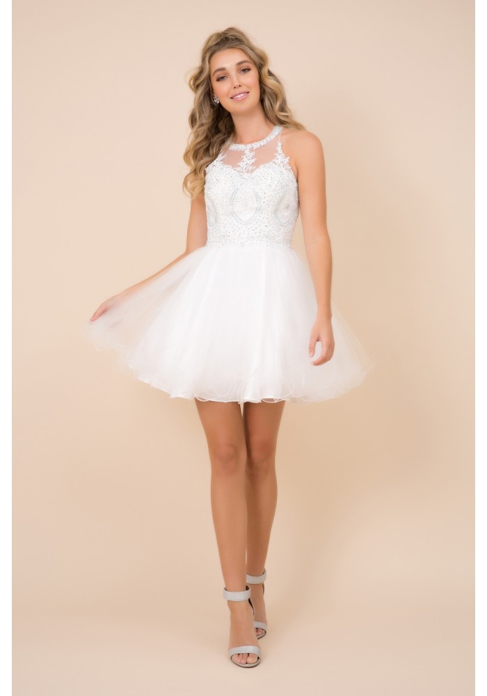 Fully Lined Sparkly Lace Tulle Cocktail Dress - CH-NAB652-WHITE