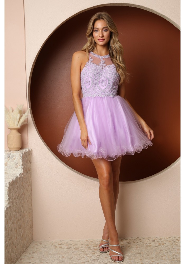 Fully Lined Sparkly Lace Tulle Cocktail Dress - CH-NAB652-LILAC