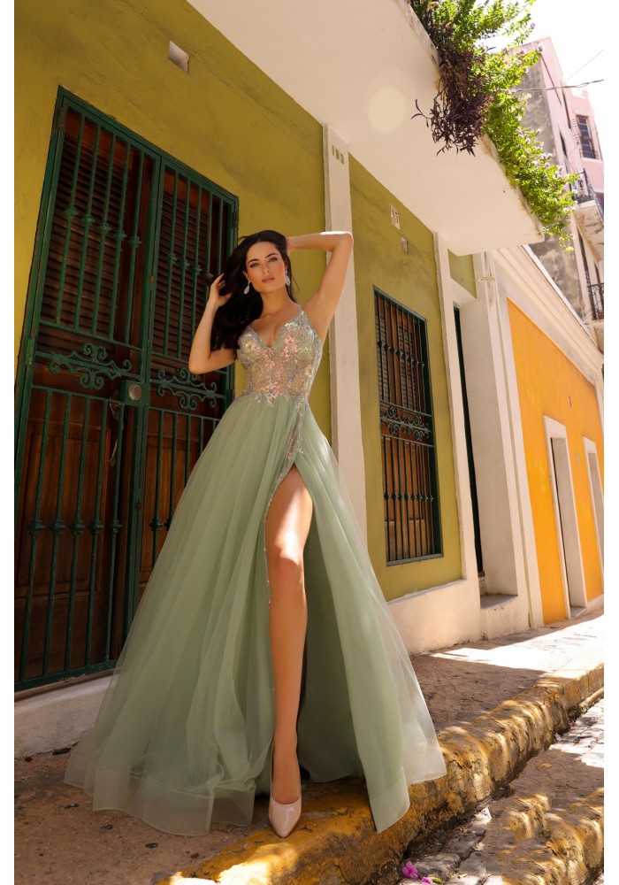 Prom / A-line V-Neck Floor-Length Lace Tulle Dresses With Sequins