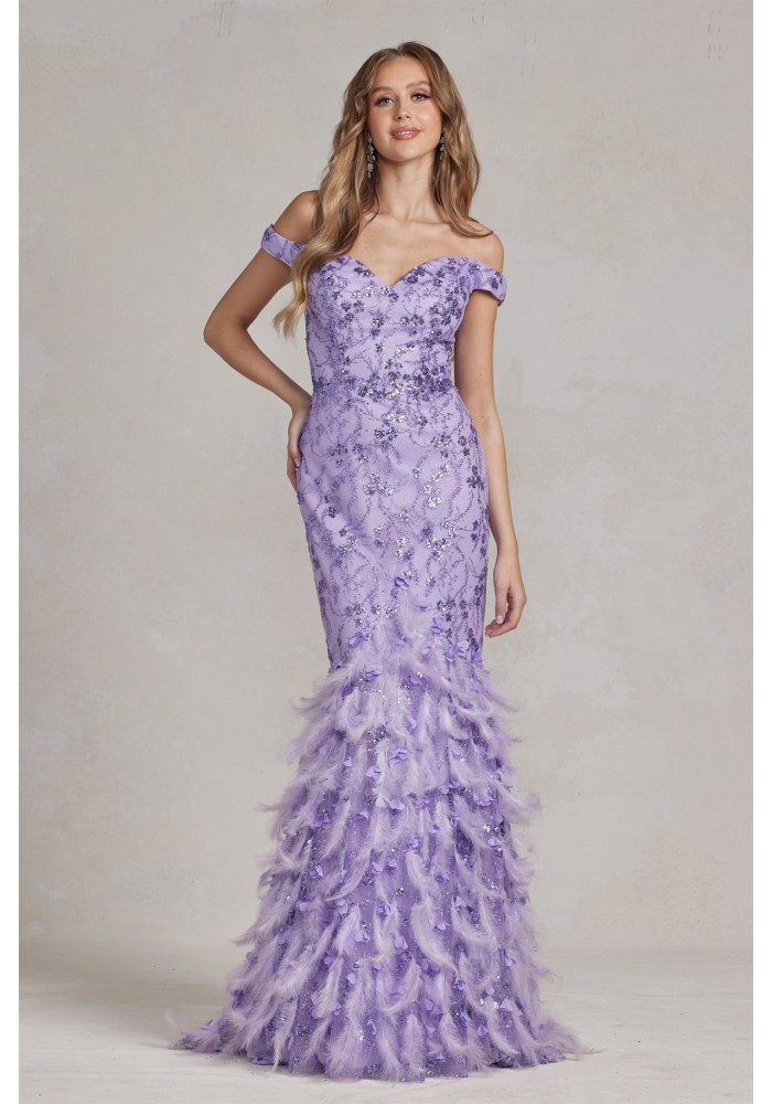 Prom / Evening Dress - Sheath Off-shoulder Gown w/ Feather - CH-NAC1106