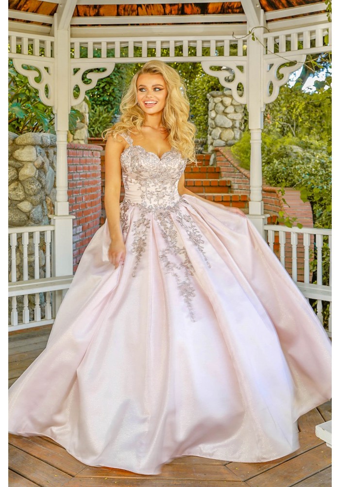 Quinceanera ballgown with crystal beaded straps and metallic lace on Shiny Mikado - CH-NAU801