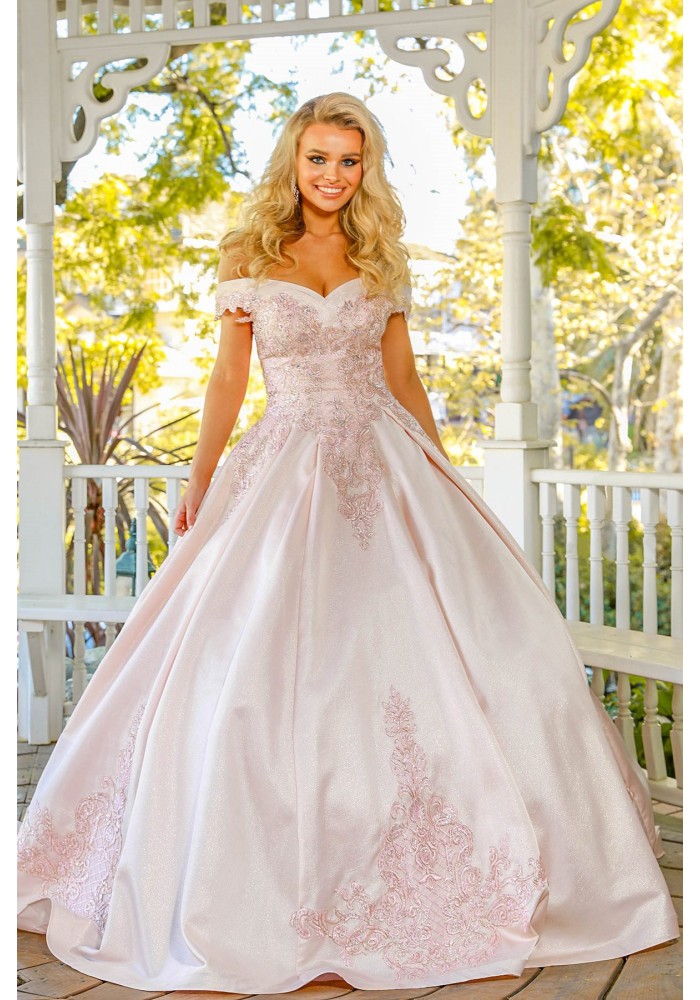 Plus Size Quinceanera ballgown with crystal beaded straps and metallic lace on Shiny Mikado - CH-NAU802P