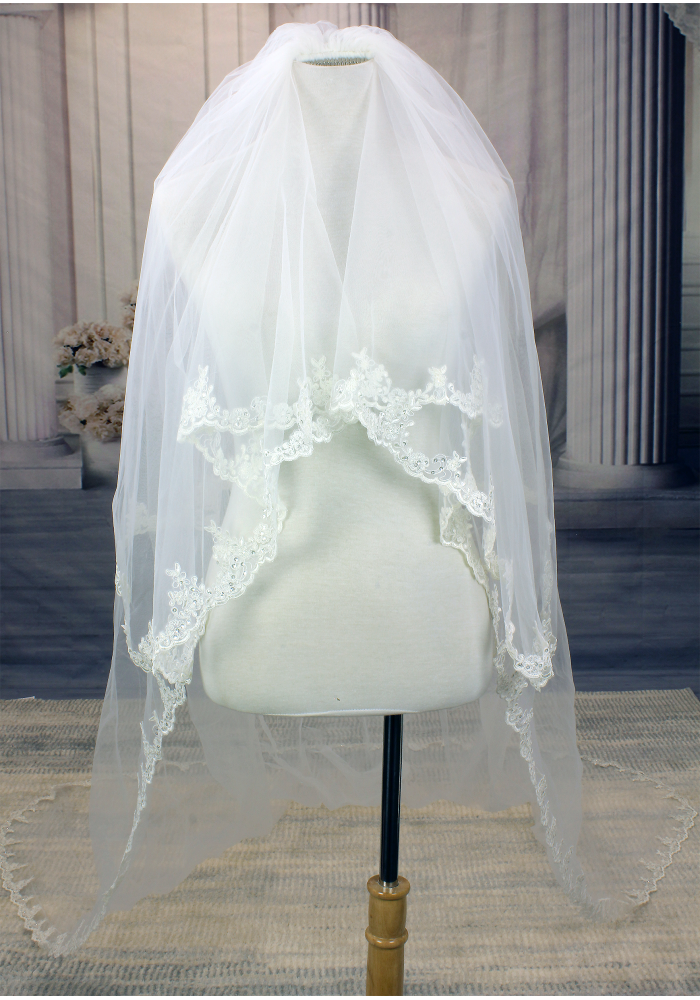 Long Veil - 2 layers Trim with sequined lace - 110" - VL-V1092-110IV