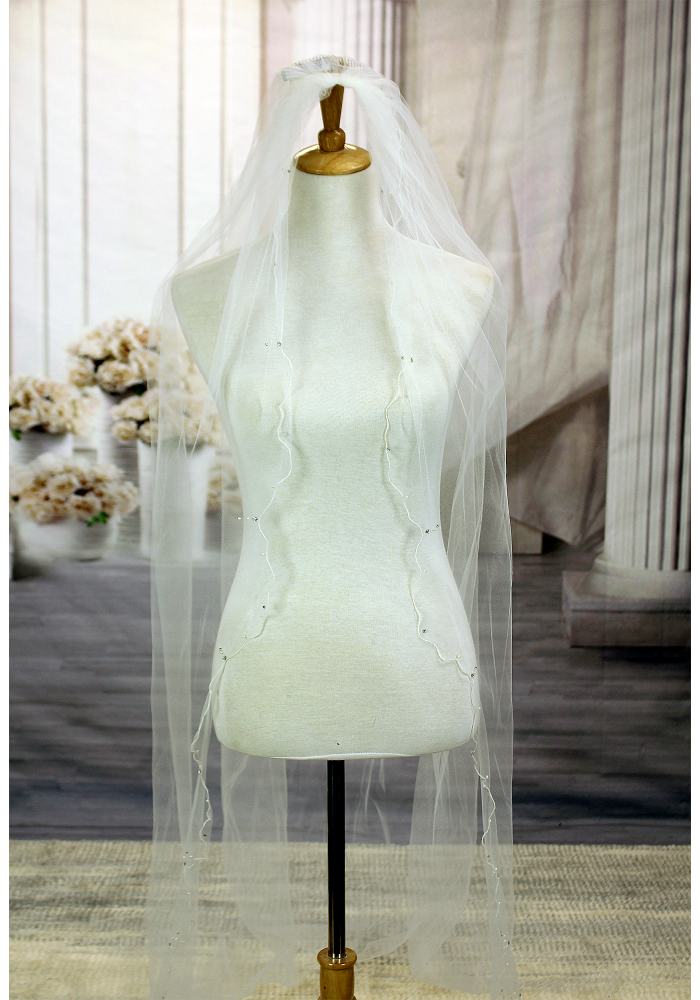Long Veil - woven trim with beads and pearls embellishment - 108" - VL-V130-108IV