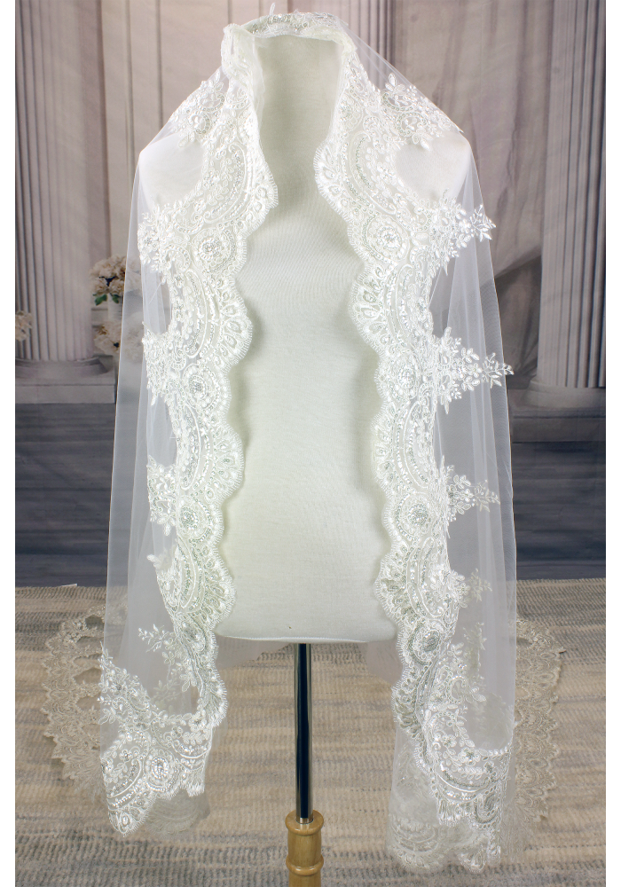 Long Veil - Trim with embroidery lace - 120" - VL-VM5003-120IV