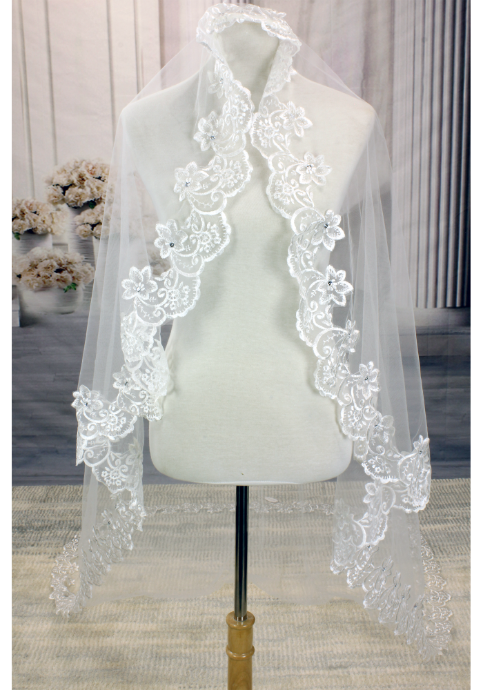 Long Veil - Trim with embroidery lace - 110" - VL-VM5004-110IV