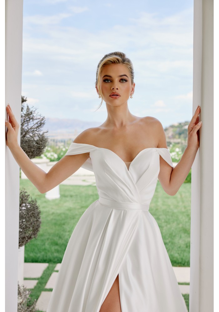 Satin Off-Shoulder A-line Wedding Dress with Slit - CH-NAJE1016