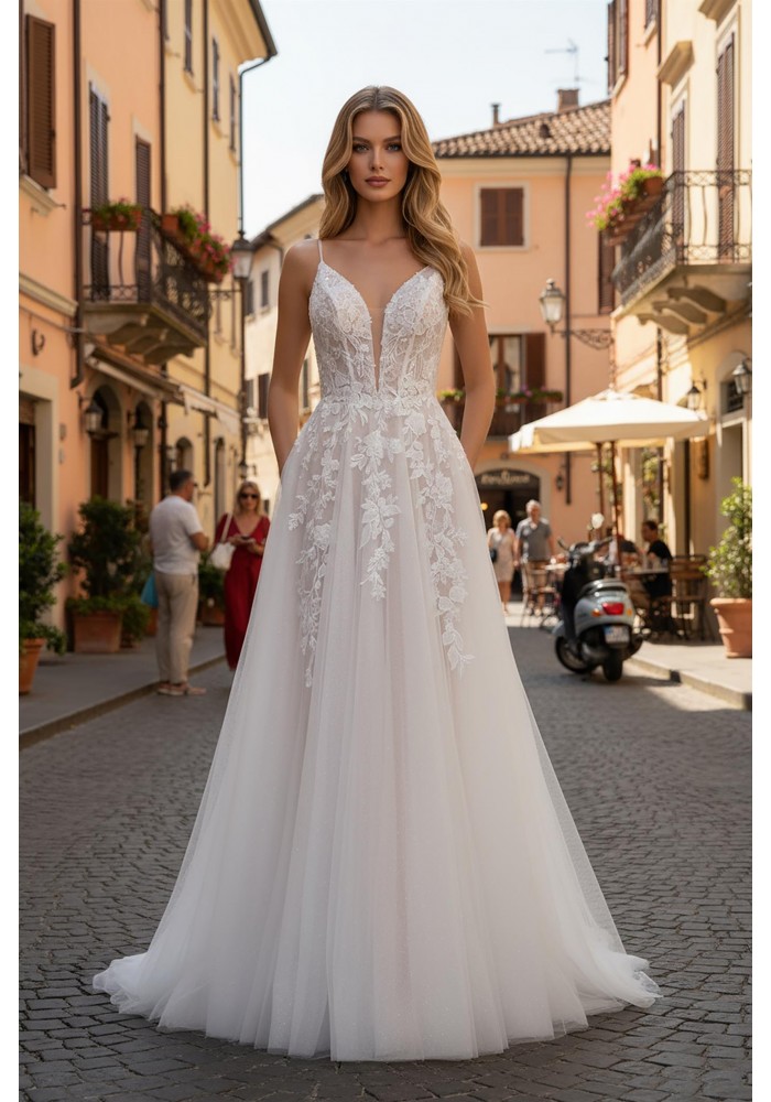 Lace V Sweetheart Neckline A Line Gown Applique Chapel Train - CH-NAJE1072L