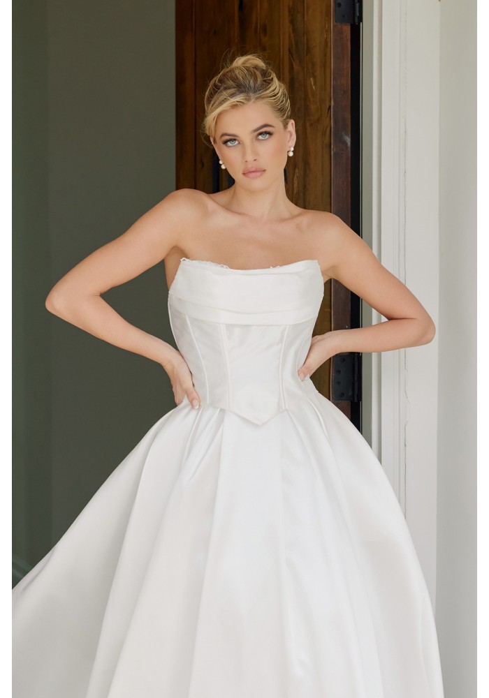  Wedding Dress - Satin A-line Strapless Bodice Peaked Waistline Chapel Length Train
