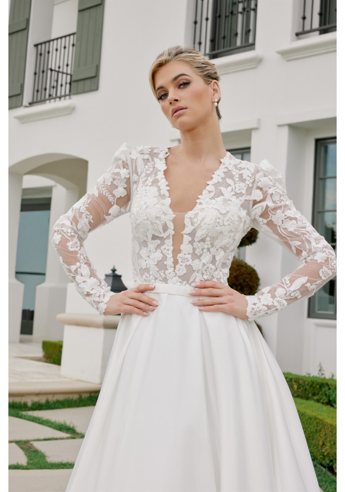 Illusion Long Sleeve Deep V Neckline A Line Chapel Train - CH-NAJE1078