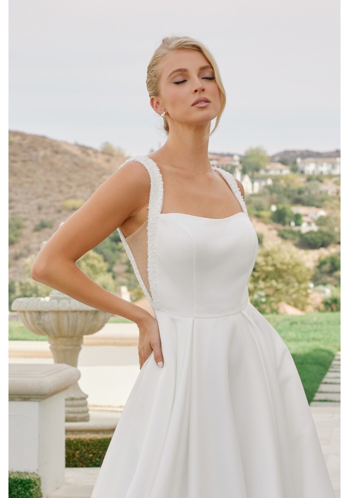 A Line Satin Off Shoulder Sleeves Zipper Back Chapel Train - CH-NAJW1048
