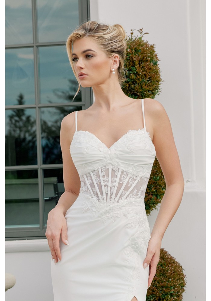  Wedding Dress - Sweetheart Neckline Boned Bodice Leg Slit Partial Lace Train - CH-NAJW1050
