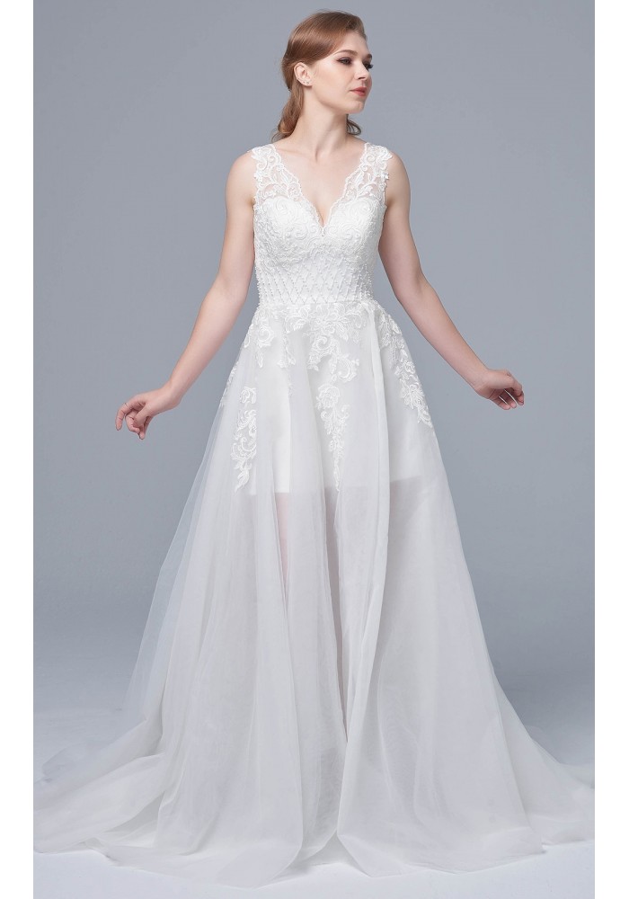 A-line Floral Lace V-Neck and Hand-pieced Japanese Beads Wedding Dress - JOANNA