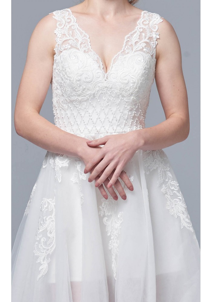 Plus Size - A-line Floral Lace V-Neck and Hand-pieced Japanese Beads Wedding Dress - JOANNA