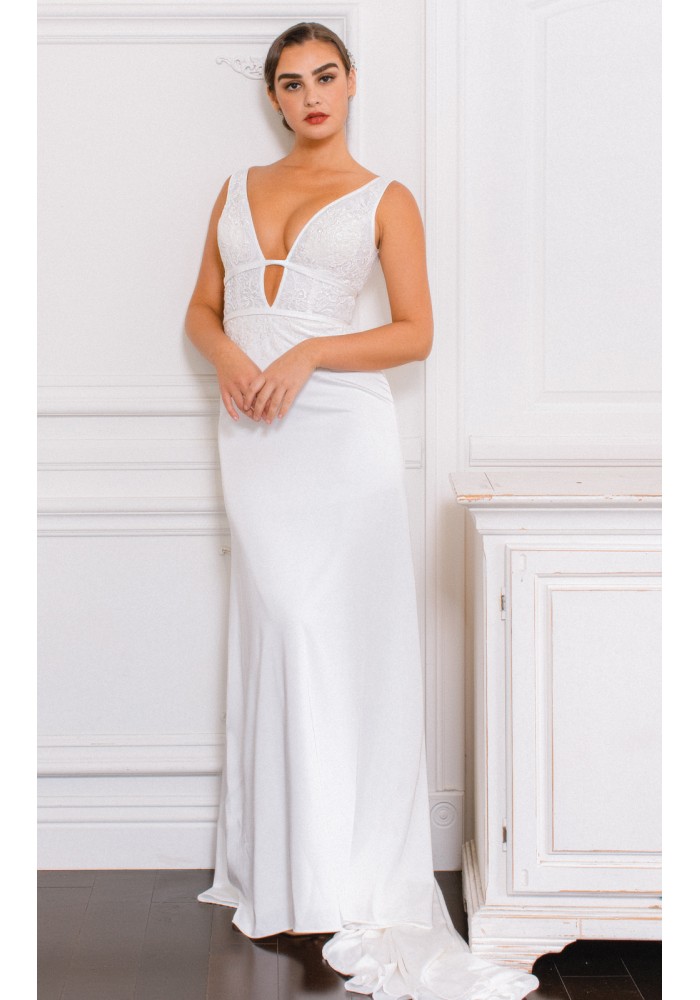 Plus Size - Low Cut V-neck with Backless Design Wedding Dress - DOREEN