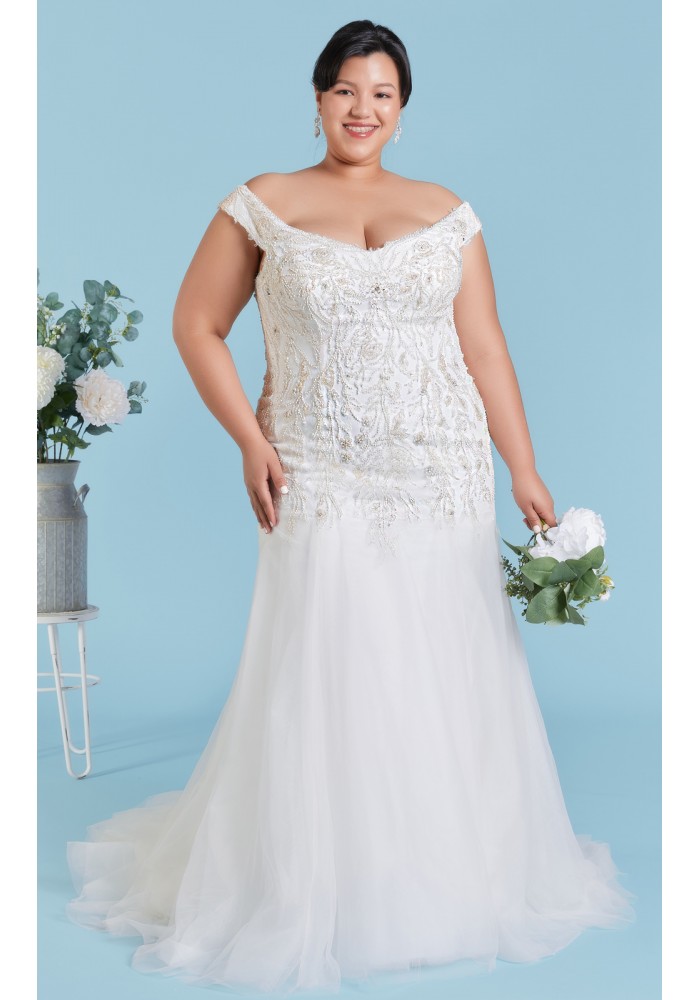 Plus Size - Mermaid Off the Shoulder with Beaded and Embroidery Wedding Dress - ARTEMIS