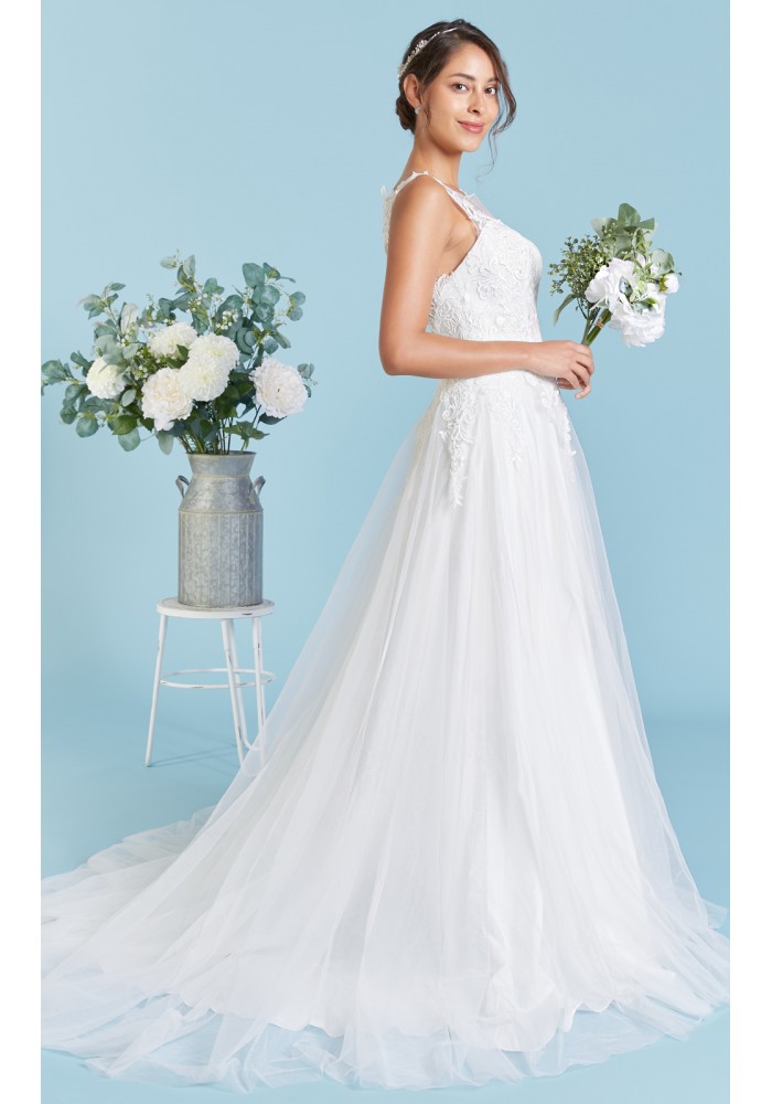 Plus Size - A Line Plunging Scoop and Diamond-shaped Illusion Back Wedding Dress - LOUISA