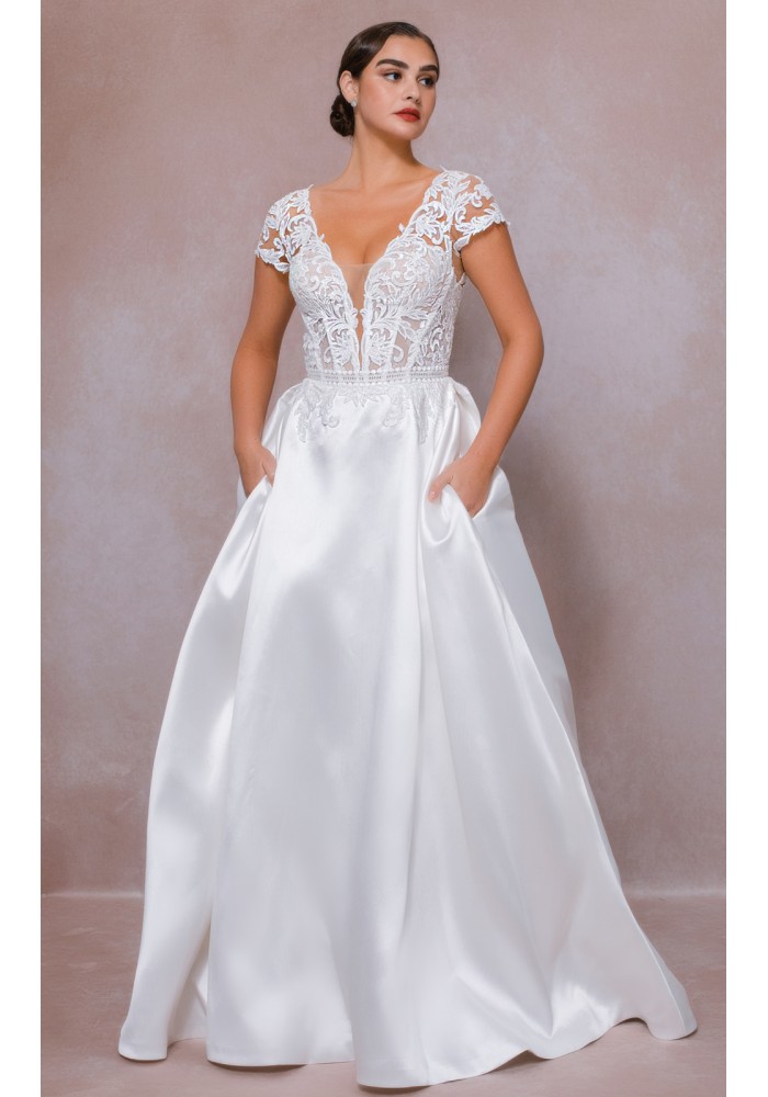 A line and Plunging V-neck with Lace Flower Motifs Wedding Dress - DANITA