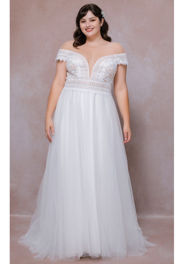 Plus Size - A line and Sheer with a Plunging V-neck with Flower Motifs Wedding Dress - RITA