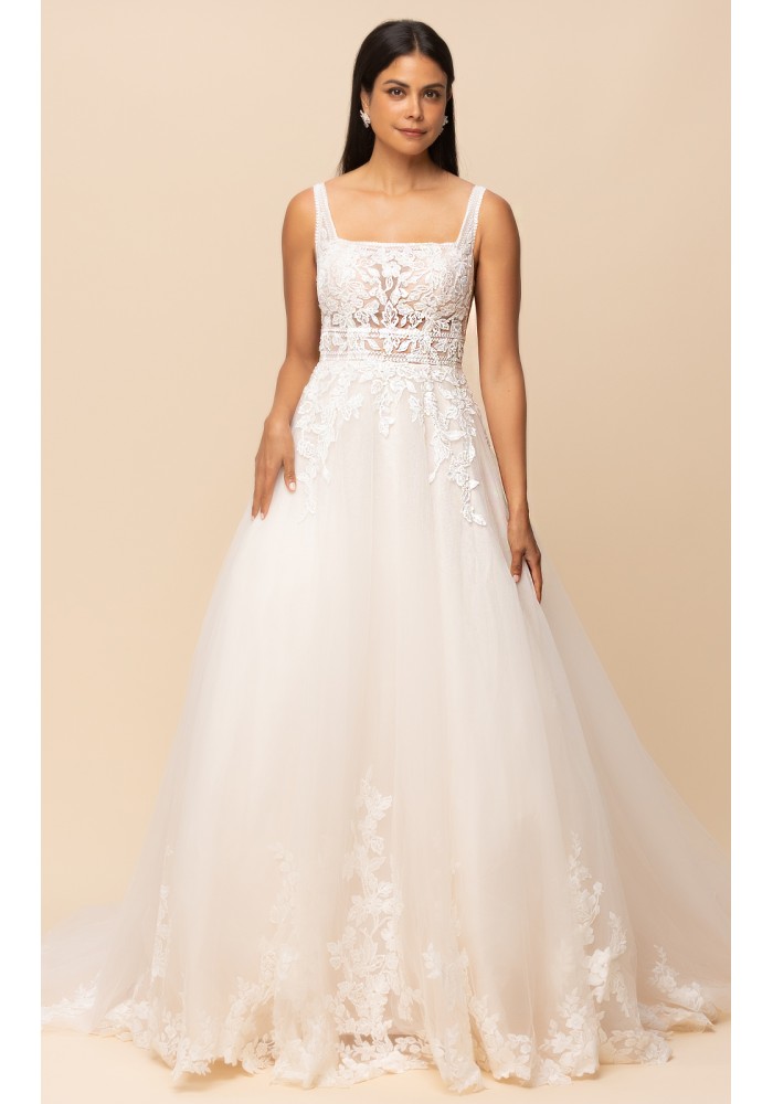 A-line Square Neck with Floral Appliques and Sequins Embellishments Wedding Dress - PETULA