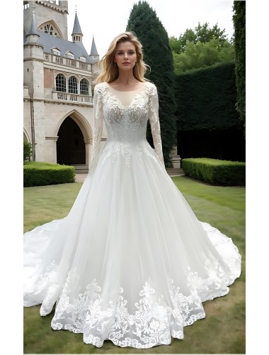 Wedding Dress - Long Sleeves Lace Appliqued Tulle Ball Gown with Sheer Cover Chest and Backline - BLC-B6004