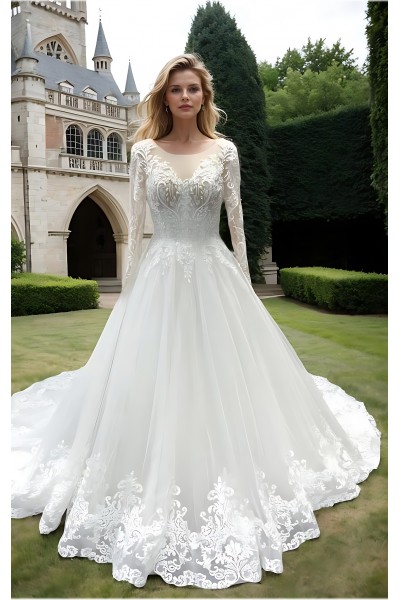 Wedding Dress - Long Sleeves Lace Appliqued Tulle Ball Gown with Sheer Cover Chest and Backline - BLC-B6004