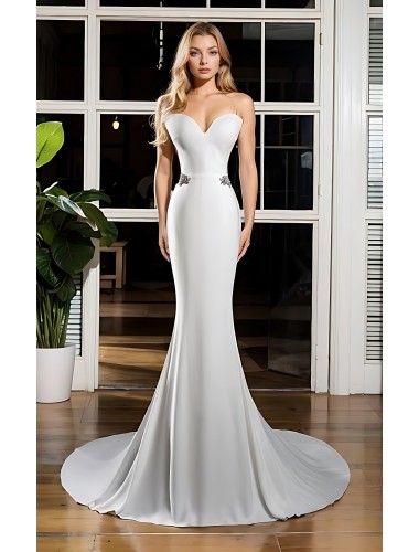 Wedding Dress - Crepe Fitted and Flare with Decorative Rhinestone Side Belts - BLC-F1007