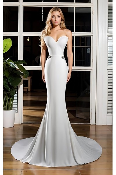 Wedding Dress - Crepe Fitted and Flare with Decorative Rhinestone Side Belts - BLC-F1007