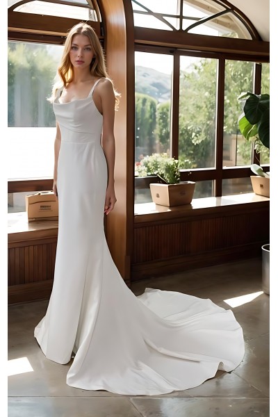 Wedding Dress - Crepe Fitted and Flare with Cowl Neckline - BLC-F2013