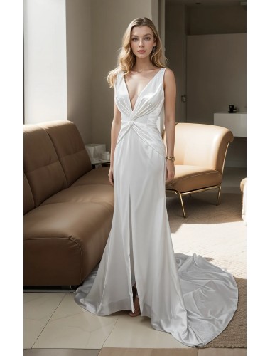 Wedding Dress - Satin Fitted and Flare with Twisted Cross Over Bust Neckline and Slit Skirt -  BLC-F3006