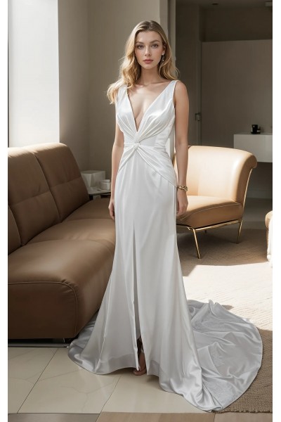 Wedding Dress - Satin Fitted and Flare with Twisted Cross Over Bust Neckline and Slit Skirt -  BLC-F3006