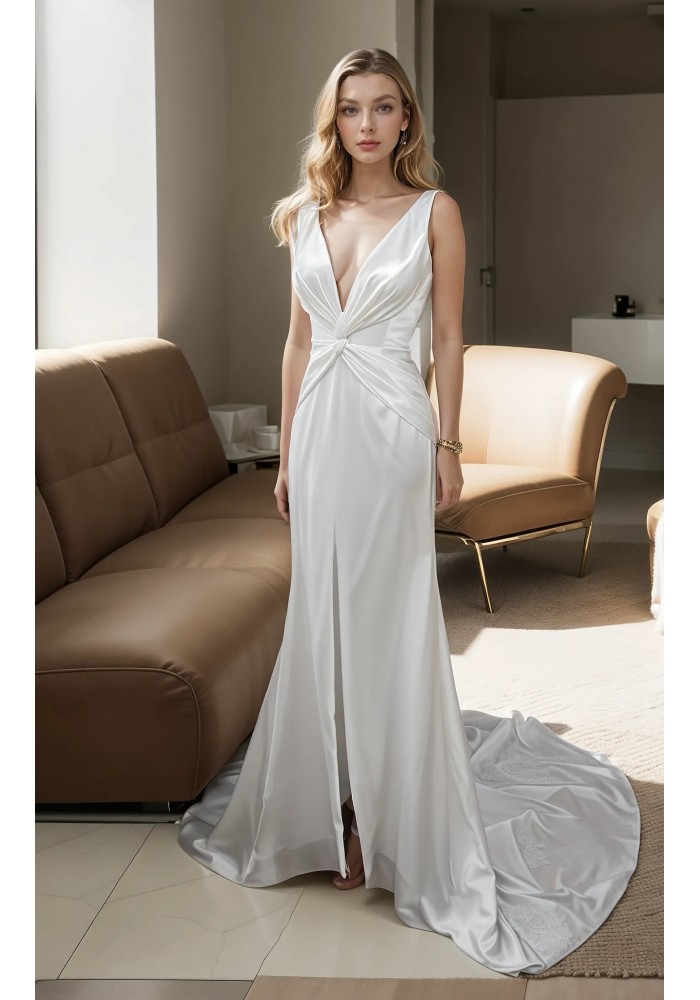 Wedding Dress - Satin Fitted and Flare with Twisted Cross Over Bust Neckline and Slit Skirt -  BLC-F3006