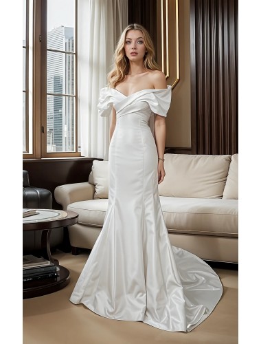 Wedding Dress - Satin Fitted and Flare with Pleated CrossOver Bust Off-Shoulder Sleeves - BLC-F5004