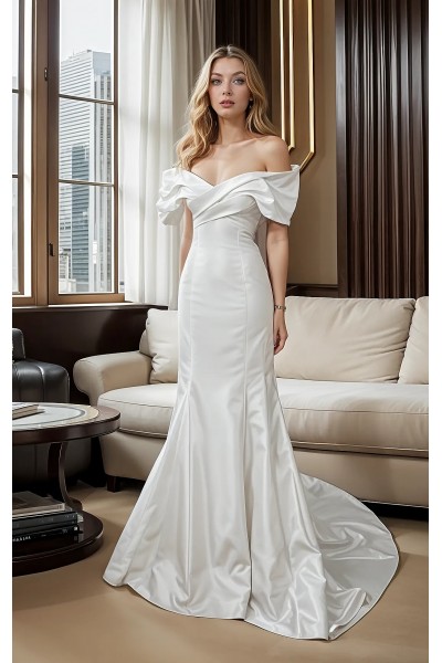 Wedding Dress - Satin Fitted and Flare with Pleated CrossOver Bust Off-Shoulder Sleeves - BLC-F5004