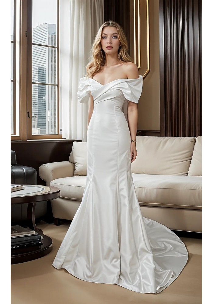 Wedding Dress - Satin Fitted and Flare with Pleated CrossOver Bust Off-Shoulder Sleeves - BLC-F5004