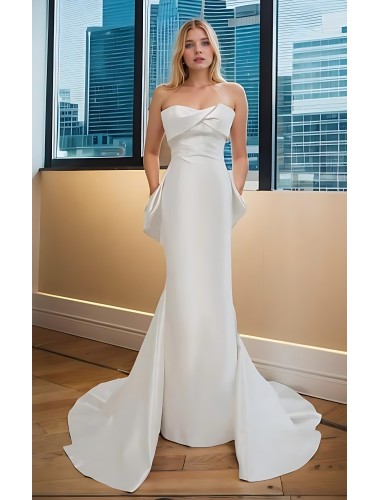 Wedding Dress - Crepe Sheath with Twisted Bust and Detachable Large Bow - BLC-S1005