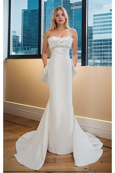 Wedding Dress - Crepe Sheath with Twisted Bust and Detachable Large Bow - BLC-S1005