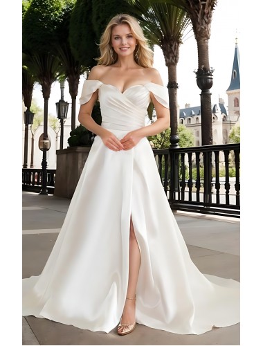  Wedding Dress - Satin Slit Skirt A-line with Pleated Cross-Over Bodice with Detachable Off-Shoulder Straps - BLL-A3002