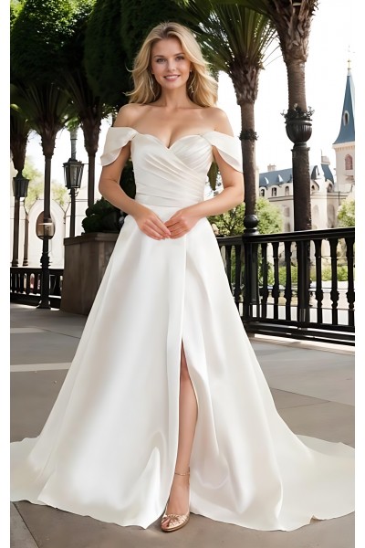  Wedding Dress - Satin Slit Skirt A-line with Pleated Cross-Over Bodice with Detachable Off-Shoulder Straps - BLL-A3002