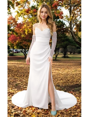  Wedding Dress - Crepe Fitted and Flair Dual Neckline Pleated Slit Skirt with Detachable Beaded Sleeves - BLL-F1005