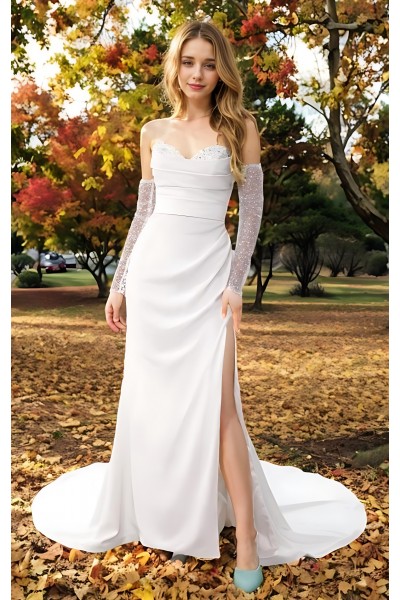  Wedding Dress - Crepe Fitted and Flair Dual Neckline Pleated Slit Skirt with Detachable Beaded Sleeves - BLL-F1005