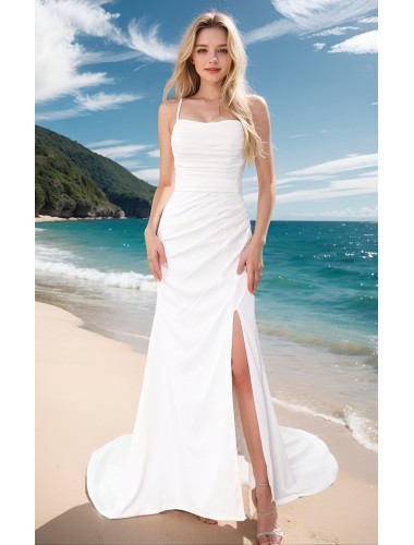 Wedding Dress - Crepe Fitted and Flair Boat Neckline Pleated Bodice and Skirt with Slit - BLL-F2005