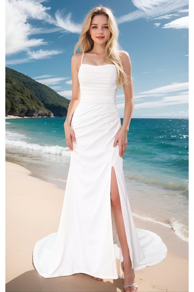 Wedding Dress - Crepe Fitted and Flair Boat Neckline Pleated Bodice and Skirt with Slit - BLL-F2005